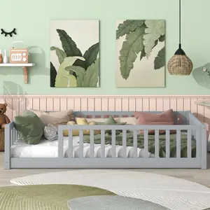 Twin Size Floor Bed with Fence without Door, Twin/Full/Queen Size Bed Floor Bed with Safety Guardrails and Door,Twin/Full Size Montessori Floor Bed for Kids, Solid Wood Bed Frame with Fence, Door & Safety Guardrails, CPC Certified