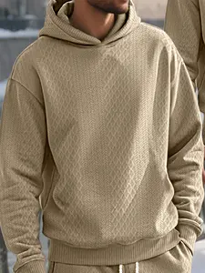 Men's solid-color hooded sweatshirt, Solid hoodie, a casual long-sleeve top with jacquard texture, loose fit, can be worn as outerwear or inner layer, suitable for daily streetwear, campus, light leisure, a men's top for autumn and winter