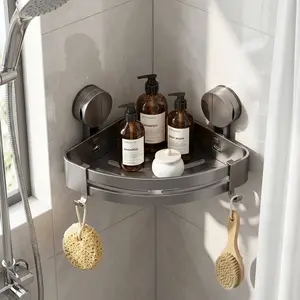 Black Triangle Corner Shelf, Wall Mounted Bathroom Shower Rack, No-Drill Aluminum Storage Organizer with Sturdy Hooks