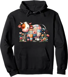 Patchwork Cow with Flowers Cottagecore Farm Art Pullover Hoodie - Nallelycor Shop 28B0F36KFF19