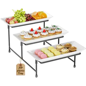 3 Tier Serving Tray for Party, 12.8"x7.5" BPA Free Food Grade Shatterproof Tiered Serving Platters with Steel Stand, Collapsible Dessert Display for Wedding, Graduation, BBQ, Holiday Events, Black