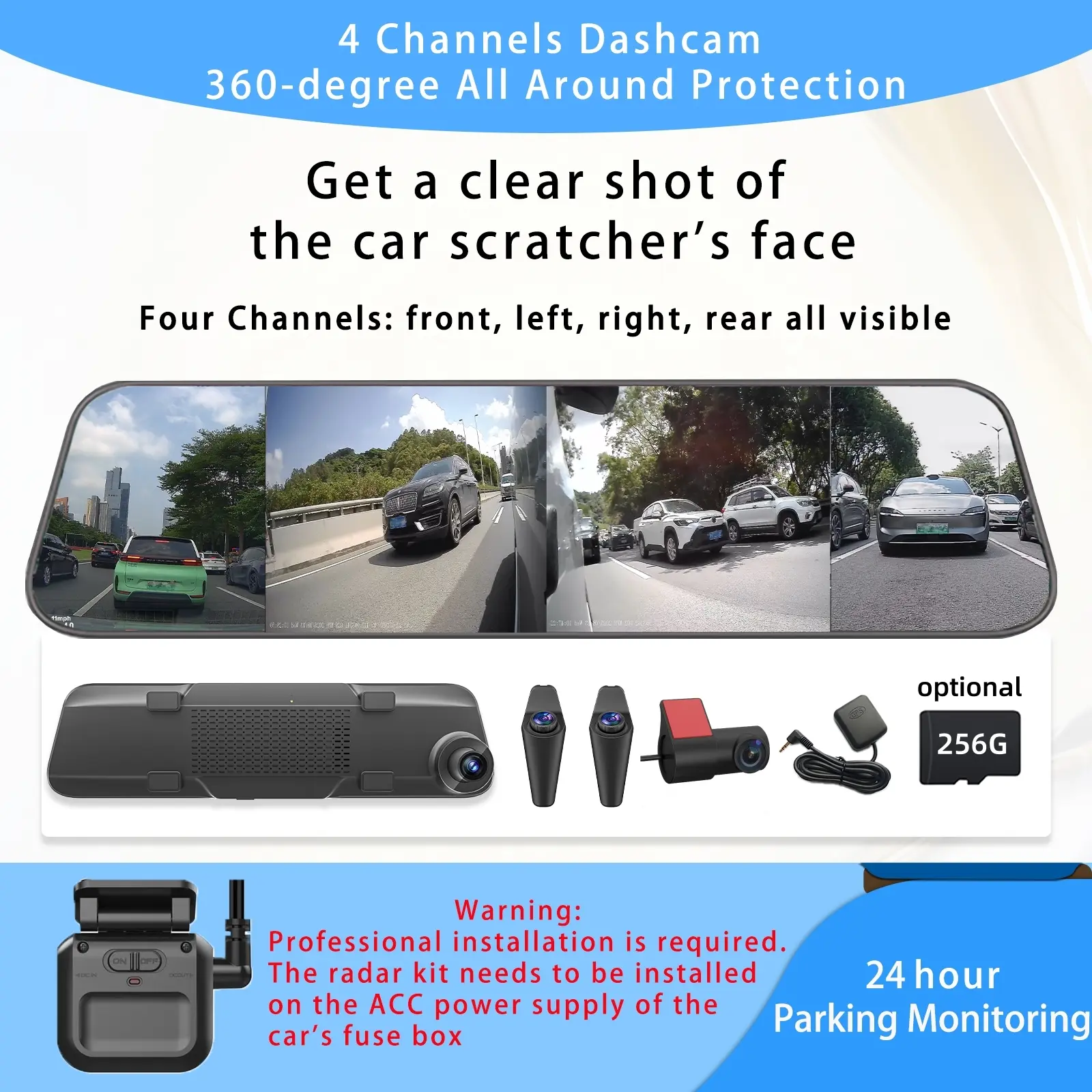 12" Touch Screen 4-Channel Dash Cam with Rearview Mirror Parking Assistance GPS WiFi G-Sensor Loop Recording 360-Degree Panoramic for Cars