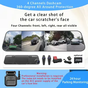 12" Touch Screen 4-Channel Dash Cam with Rearview Mirror Parking Assistance GPS WiFi G-Sensor Loop Recording 360-Degree Panoramic for Cars