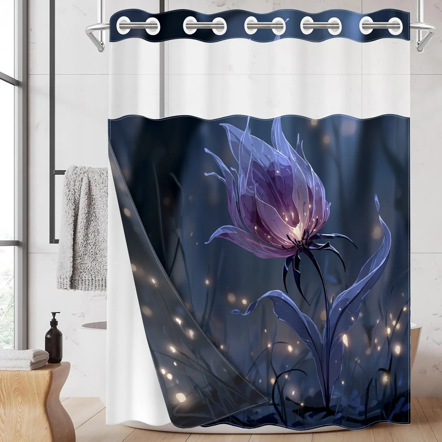 1pc hookless Floral shower curtain, Bathroom shower curtains, with snap fastener, 2D printed with purple flowers, fabric waterproof inner lining, transparent window and double-layer design, 71 x 74 inches, home decoration