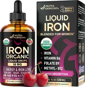 Liquid Iron Supplement for Women 18 mg - USDA Organic Drops, USA-Made - with Folate, Vitamin B12 & B6 - Iron Level & Energy - Gentle & High Absorption Glycinate Form - Cherry Flavor, Sugar-Free, 4 oz