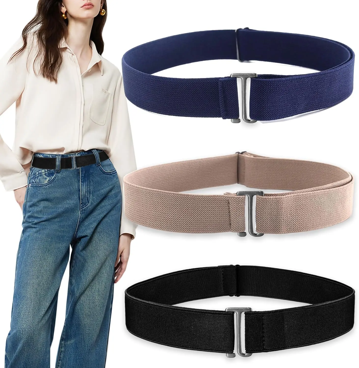 Unisex 3-Pack No-Show Elastic Stretch Belts, Adjustable Invisible Strap with Flat Buckle, Tuck Band for Jeans, Pants, Dresses, Lightweight Knotless Wearable Women's Belts, Casual Wear, Minimalist, Stretch Fabric, Adjustable Wearable Women's Belts