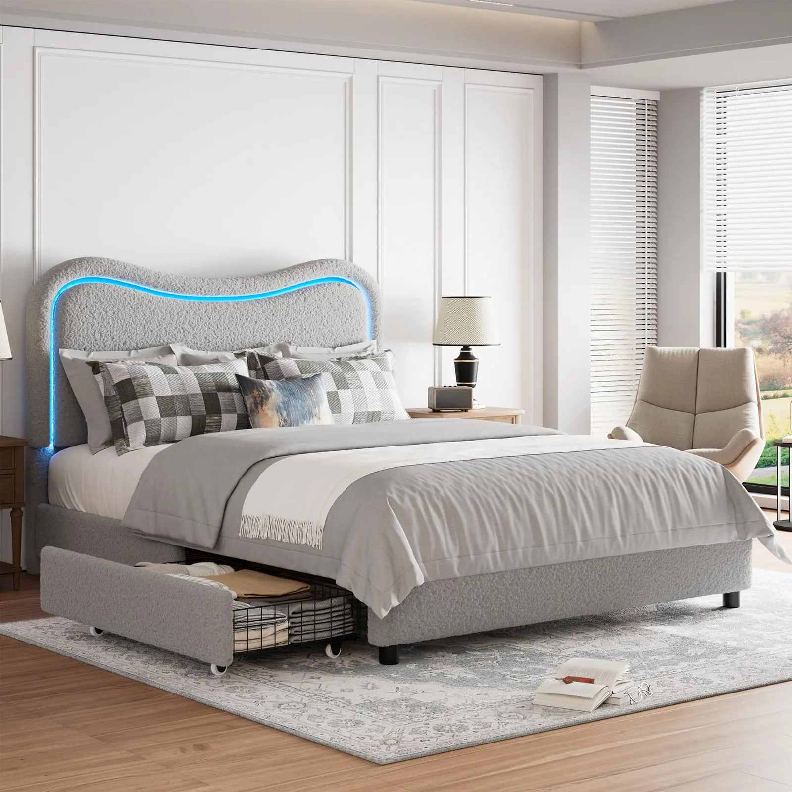 Garvee Boucle - Queen Bed Frame with 2 Storage Drawers, Upholstered Platform with LED Headboard, Solid Wood Slat Support, No Box Spring Needed for Kids, Teens, Gray, Bed Frame Storage Solutions
