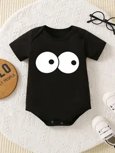 Cute Big Cartoon Googly Eyes Baby Bodysuit Minimalist White Eye Graphic Short Sleeve Cotton Black Infant Onesie Simple Neutral Newborn Outfit