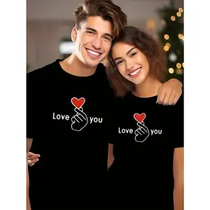 Love You Gesture Print Menswear Top, 220g 100%Cotton Couple Style Crewneck Tshirt, Casual Elegant Black Shortsleeve Tee, Valentine's Streetwear