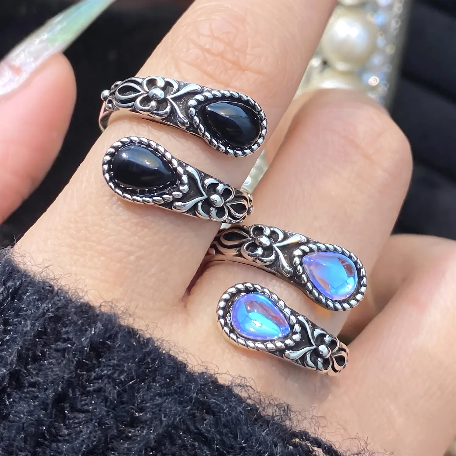 S925 Sterling Silver Synthetic Moonstone Spoon Thumb Ring, Boho Vintage Floral Adjustable Open Ring, Hypoallergenic Nickel‑Free Gemstone Gift for Women, Sentimental Gift for Valentine’s Day, Mother’s Day & Holiday Occasions