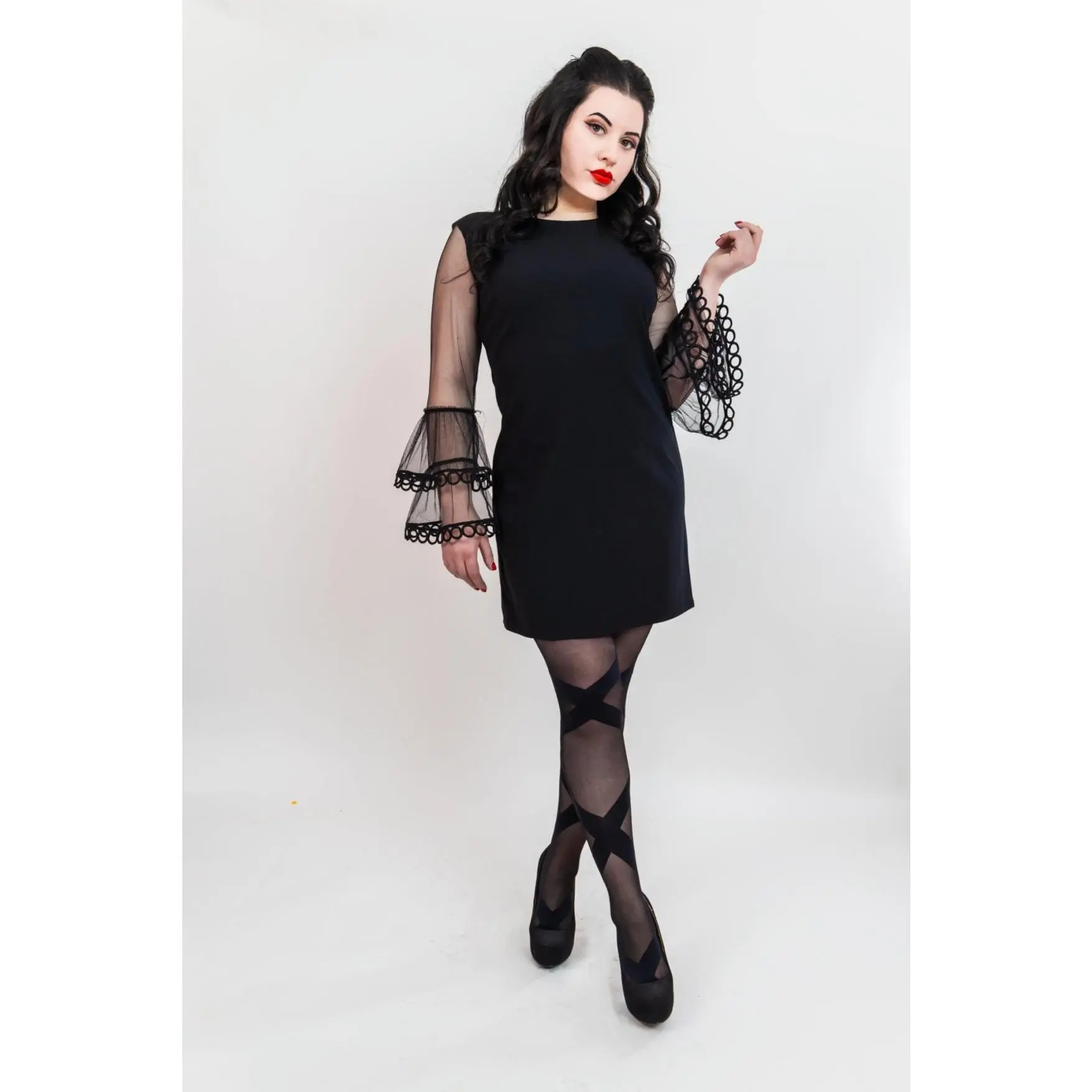 Kix'ies Jackie Black Ballet Thigh Highs Petite to Plus Size Semi-sheer Ribbon Strips Elegant & Sexy Women's Stockings