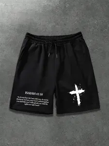 Religious Faith Short Pants, Cross Isaiah 41:10 Bible Print, Street Style, Drawstring Waist, Casual Daily Wear, Lightweight Athletic Shorts, Light Sports