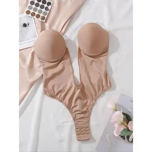 Women's Backless Strapless Shapewear Bodysuit, Invisible Low-Back Thong, Kardashian Style, All Seasons, Moderate Fabric Thickness