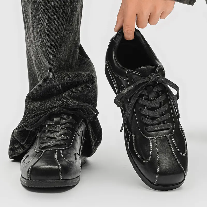 Mens Glossy Patent Leather Sneakers Lace Up Retro Casual Shoes Vintage Running Round Toe Flat Sole Stitching Bowling Shoes Clean Fit Y2K Streetwear Vibe Daily Versatile Footwear