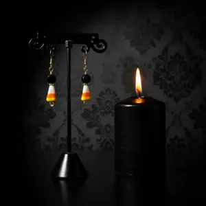 Handmade Candy Corn Earrings – Halloween Glass Bead Dangle Earrings in Black, Orange, and Yellow | Fall Jewelry by The Raven’s Edge