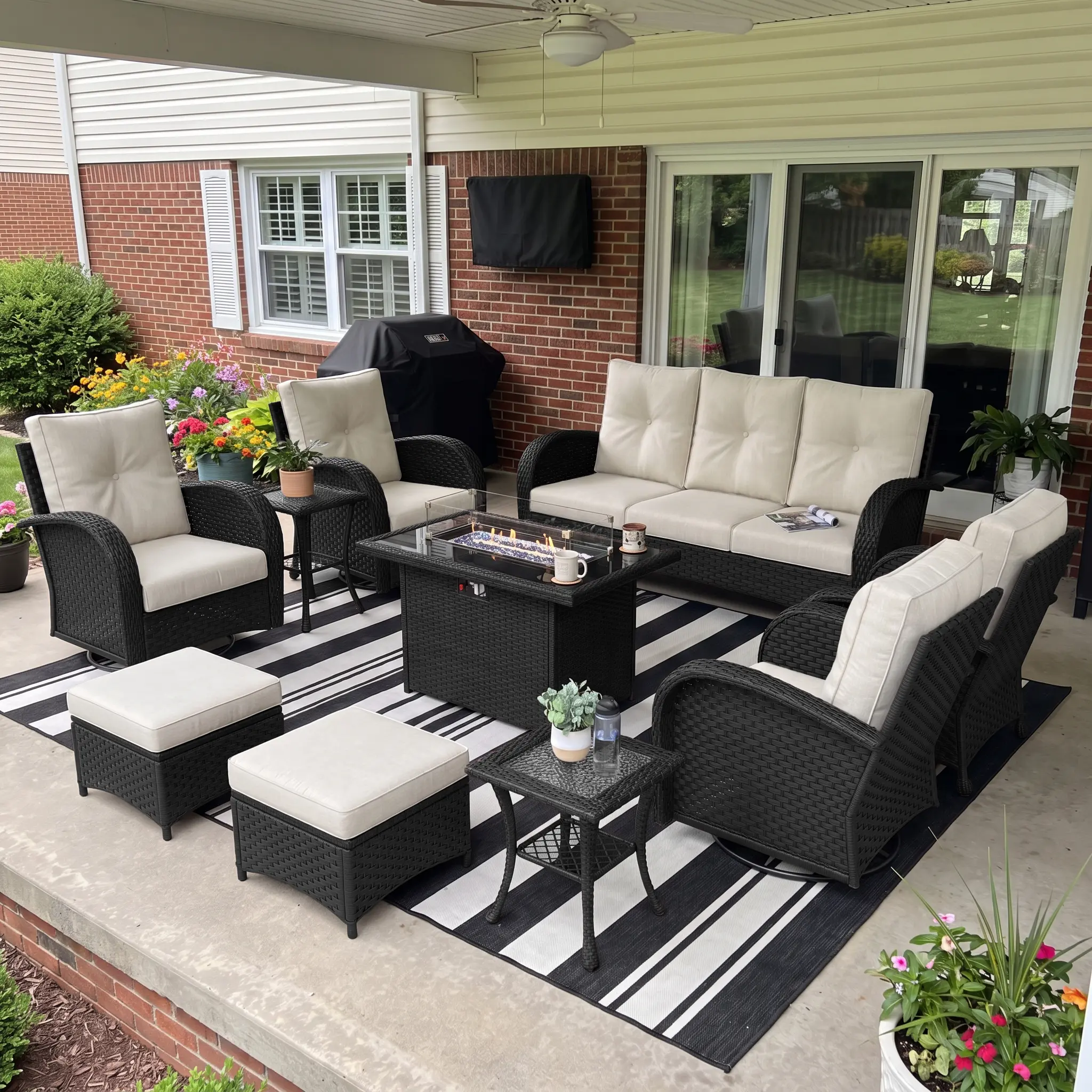 LayinSun 10-Piece Outdoor Patio Furniture Set with Fire Pit Table, Rattan Wicker Sectional Swivel Rocker Chairs, Heavy-Duty Patio Furniture Sets for Backyard Relaxation (Multiple Packages), Heavy-Duty Outdoor Furniture Sets