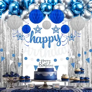 Blue and  Birthday Party Decorations Set - Happy Birthday Banner Balloons Foil Curtains  Swirls for Men Women  Birthday Party Supplies