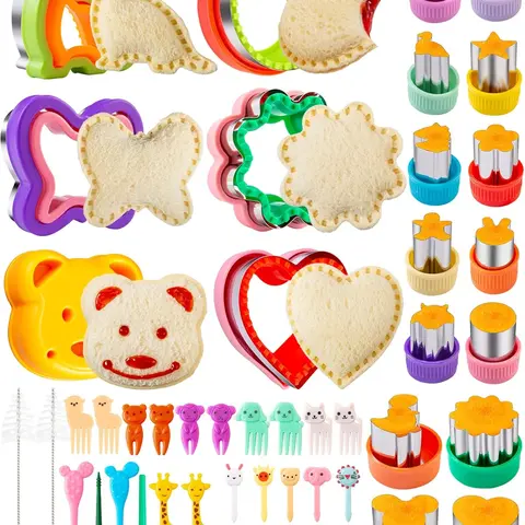 48-Piece Plastic Children’s Sandwich Cutters & Food Picks Set - Easy-to-Use Baking Accessories, Kitchen Utensils, Creativity-Encouraging Bento Box Tools (Mouse, Dinosaur, Heart Stars, Square)