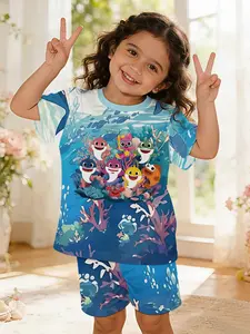 Undersea Shark Group Baby Girl's Set, Digital Printing 100% Polyester Baby Short-sleeve Set, Cute Baby Girl's Casual Clothing, Suitable for Daily and Outdoor Sports T-shirts, Perfect Gift for Babies and Toddlers, Newborn Gift Set