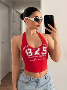 Viral Red Y2K Halter Crop Top, 825 Number Print 'Make It Happen' Slogan, Form-Fitting Deep V Neck Backless Tank, Hot Girl Summer Streetwear Casual Party Clubwear Vintage Graphic Halter Top for Women, 2000s Aesthetic Cropped Halter Top, Womenswear