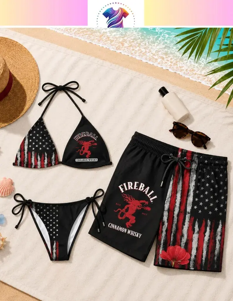 Fireball Cinnamon Whisky American Flag Bikini Set Hawaiian Shorts Couple Matching Swimwear Patriotic Beach Party Summer Vacation Loose Comfort Men Women Swimsuit