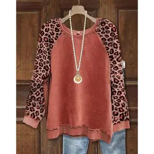 Women’s Leopard Print Patchwork Contrasting Color Long Sleeve Sweater Top
