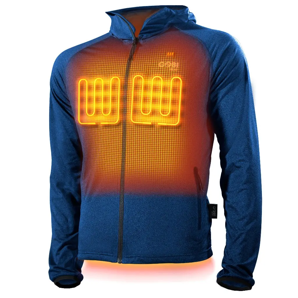 Apex Mens Heated Tech Hoodie - Blue Pullover with Heat Design, Front Zipper, and Adjustable Hood