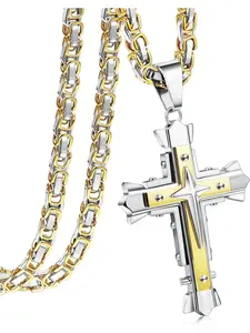 Cross Chain Men's Stainless Steel Byzantine Chains Cross Pendant for Boys Men Cross Necklace for Men Jesus Cross Chain with Byzantine Chain Black Gold 56/61/71 cm Cuban Link Necklace