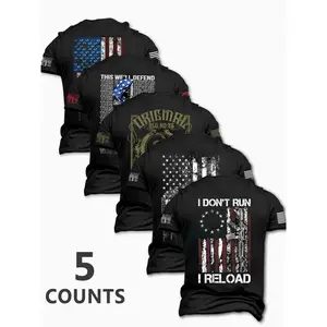 Men's Fashion Stylish Round Neck Casual Short Sleeve T-Shirt, Summer Comfortable Flag Print Outdoor Tee, 5 Pack, Perfect for Boyfriend Daily Wear
