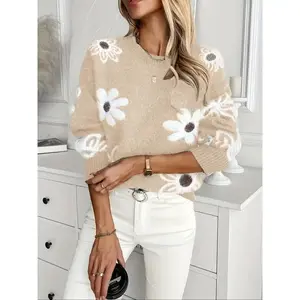 Women's Autumn Winter New Pullover Long Sleeve Knit Sweater, Floral Jacquard Design, Comfortable and Stylish for Casual Wear（gift）
