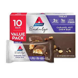 Atkins Endulge Caramel Nut Chew Bar, Low Sugar Snack, Dessert Bar, High Fiber Bar 1g Sugar, 10 Count