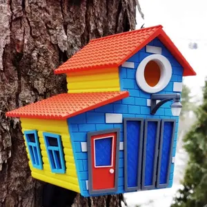 Toon 2.0 Bird House Colorful Blue & Yellow Design with Red Roof and Door Unique Birdhouse Decor