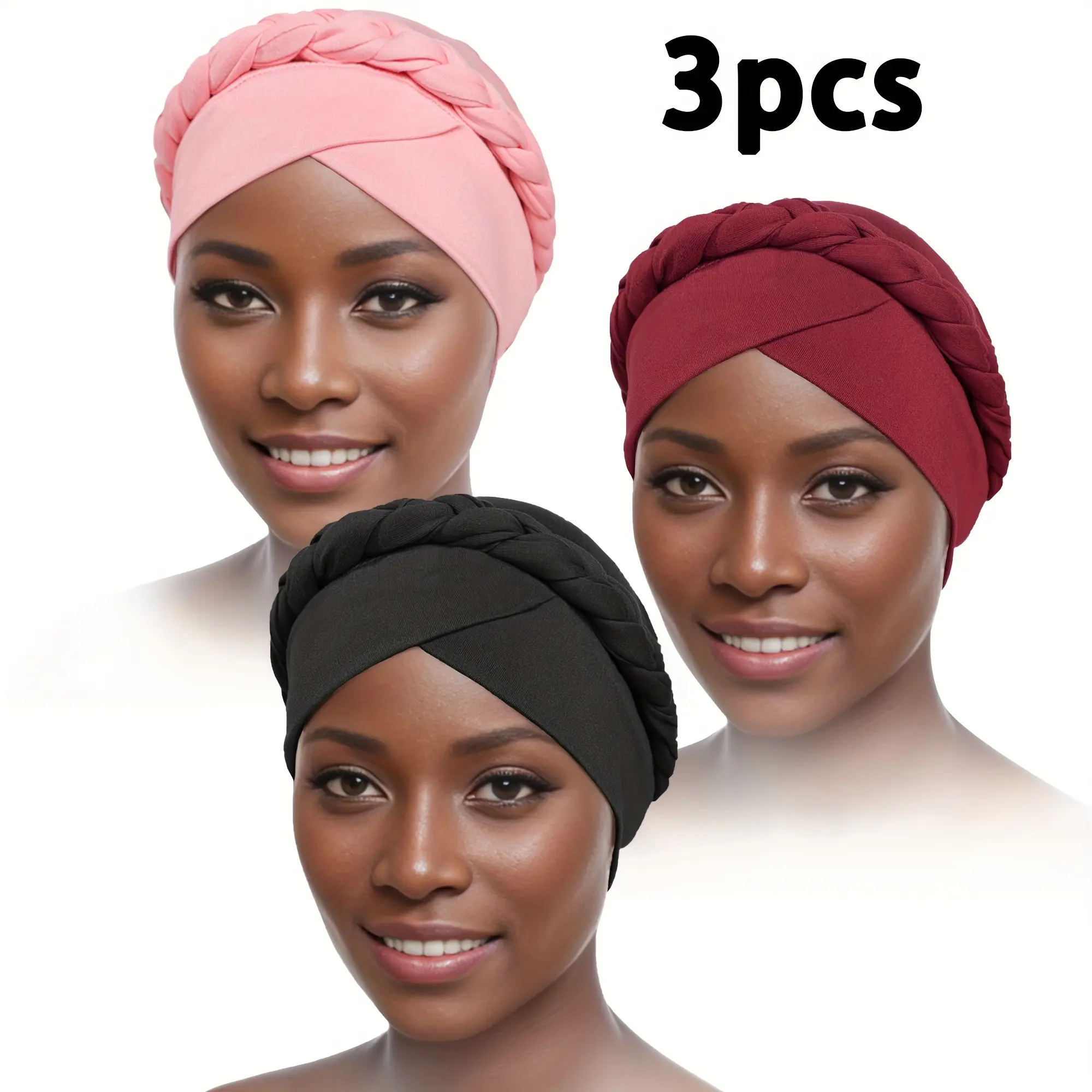 Awegeo Women's Casual Braided Turban Hijab Under Caps (3pcs: Black+Burgundy+Coffee, One Size) - Elastic-Fit Polyester, Machine Washable, No Brim, Hair Protection, All Seasons Modest Fashion Underscarf