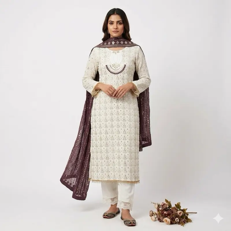 Women's Casual Pakistani Outfit Set - Original Fashion Clothes with Long Tunic and Dupatta, White & Gold Womenswear with Accessories