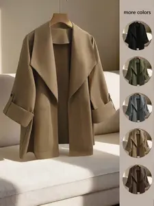 Women's Plus Size Open Front Jacket Tab Sleeve Draped Lapel Loose Casual Coat Solid Fall Winter Office Workwear Daily Commuter Trendy
