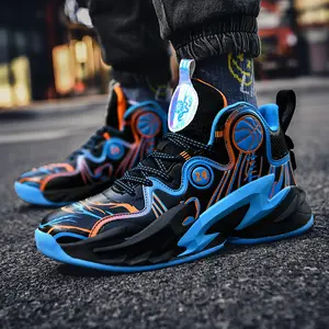 GGOR [sneakers] High-Top Basketball Shoes for Teenagers| Black, Blue, and Orange Color-Coordinated, Suitable for Indoor and Outdoor Training and Competitions on Cement Floors, Comfortable Lace-Up, Upper and Rubber Sole