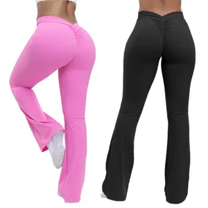 Solid Color Yoga Pants High Waist Stretchy Flared Legs V-back Design Scrunch Butt Bootcut Leggings for Women's Activewear Gym & Yoga Wear