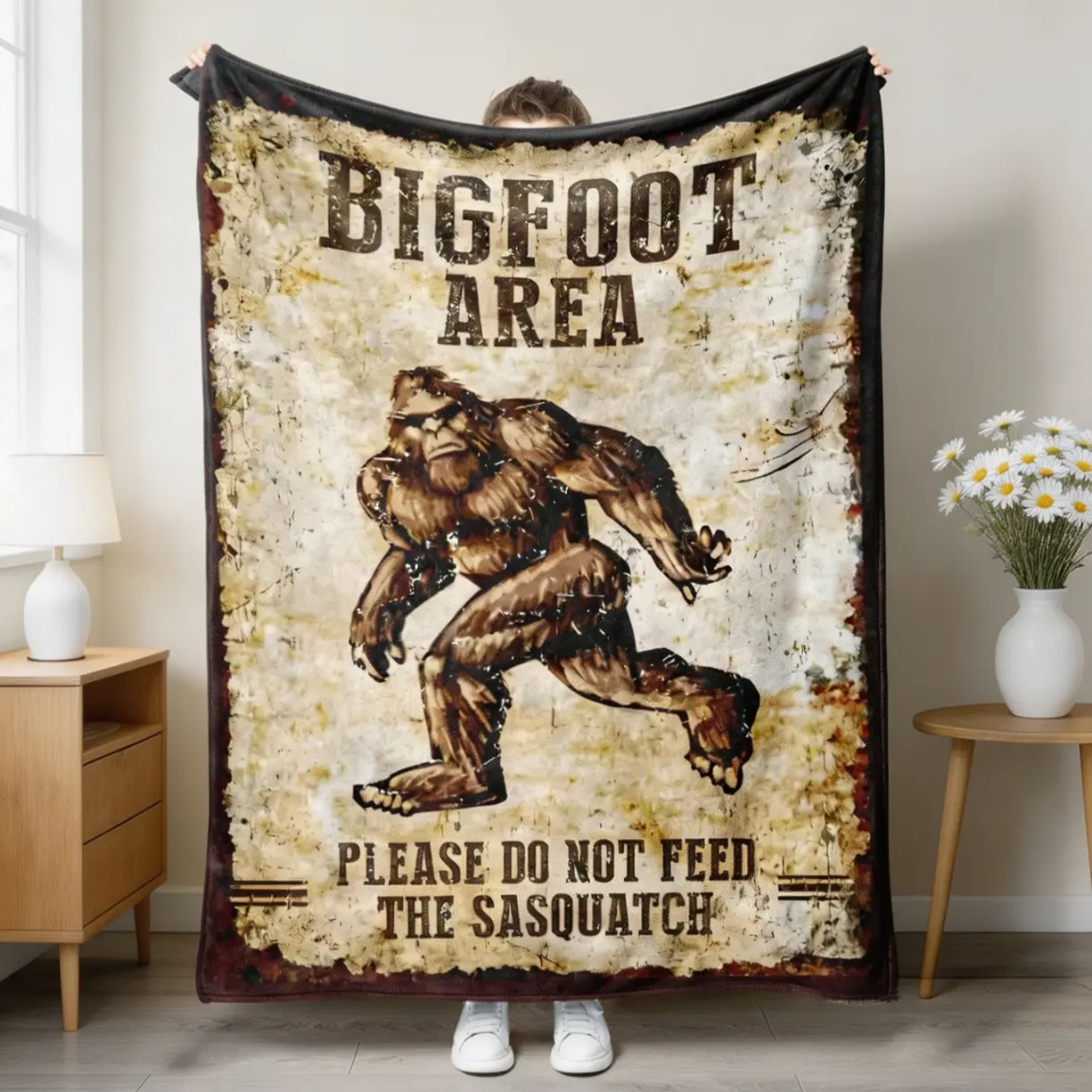 Bigfoot Print Flannel Throw Blanket, “Please Do Not Feed The Sasquatch” Cozy Soft Blanket, Funny Christmas Gift Room Decor