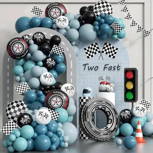 184Pcs Race Car Balloon Garland Arch Kit, Two Fast Birthday Decorations With Slate Dusty Blue Checkered Wheel Check Flag Balloons For One Two Fast Race Car Birthday Party Decorations For Boys