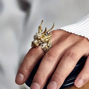 Two-Tone Gold Silver 3D Dragon Head Ring, Vintage Oriental Myth Beast Statement Open Band Ring