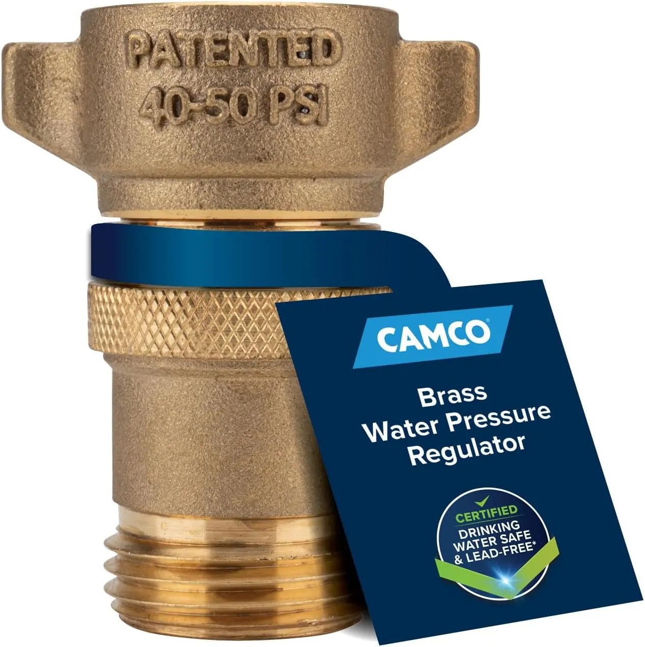 Camco Brass Marine/RV Water Pressure Regulator (40055) - Drinking Water Safe, Reduces Pressure to 40-50 PSI, Protects Motorhome Plumbing, Hoses & Kitchen Small Appliances
