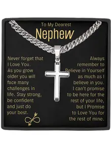 To My Nephew Cuban Chain Pendant Gift , Includes Box Card, Birthday Christmas Gifts for Nephew Cross Jewelry Print