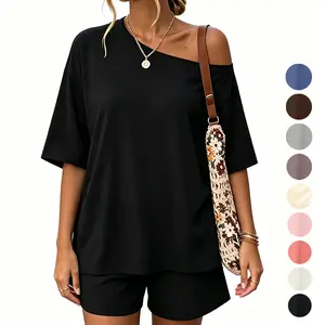 AUMNA Women's Modest Loose Off-Shoulder Short-Sleeve Tshirt - 2026 New Spring Summer Casual Streetwear Clothes for Outdoor Activities, Leisure Wear
