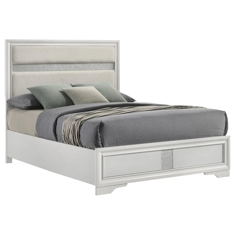 Miranda 54-in Upholstered Queen Size Bed, White, Horizontal Stripe Indoor Furniture