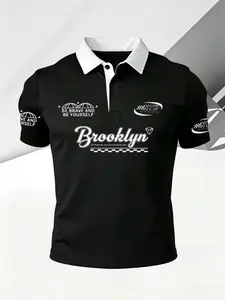 Brooklyn NYC Pattern Polo Shirt - Retro Racing Color Block Business Casual Neutral Polo Shirt
