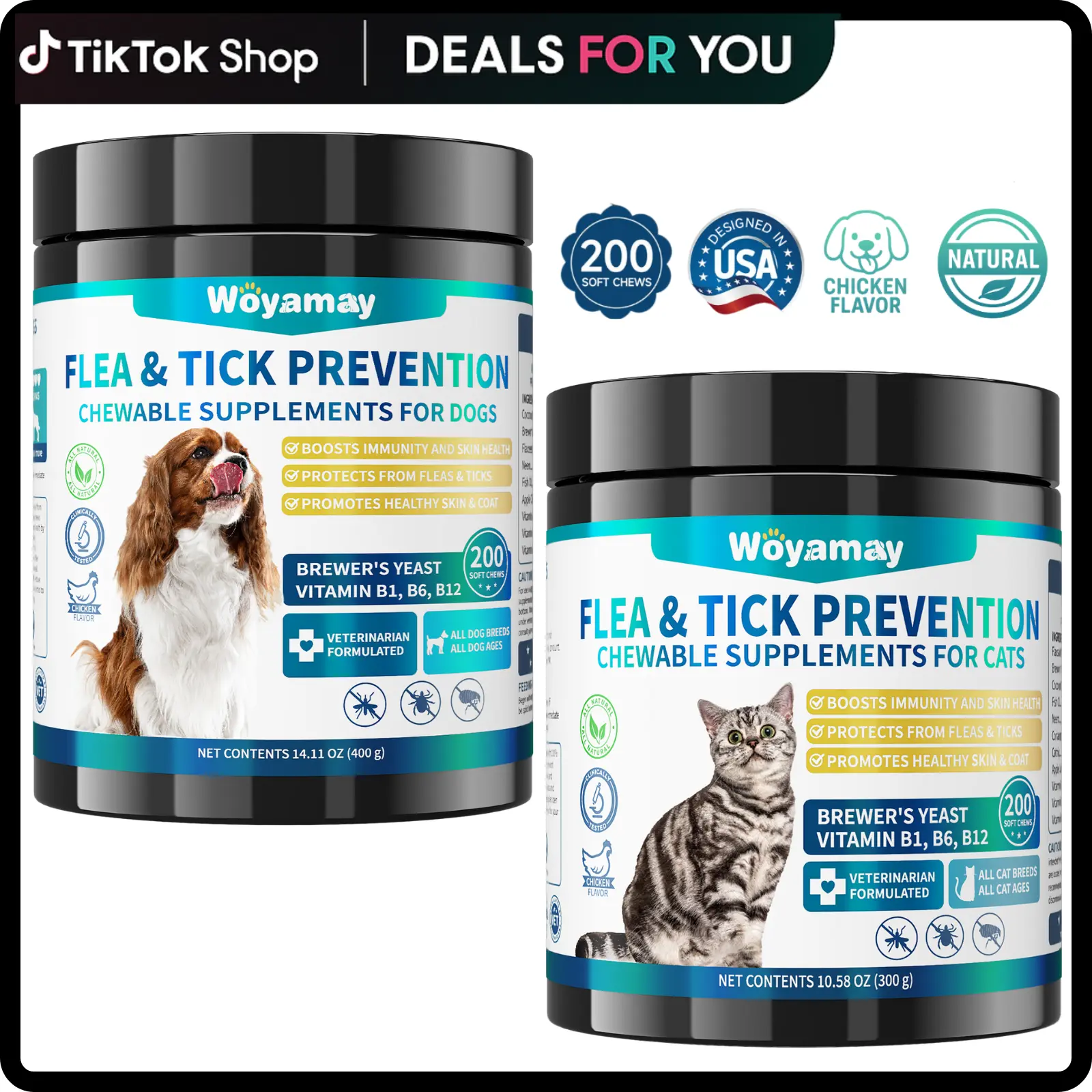 Woyamay Dog & Cat Flea and Tick Chews with Omega-3, Daily Chews Natural Ingredients for pet, Chicken Flavor Supplements
