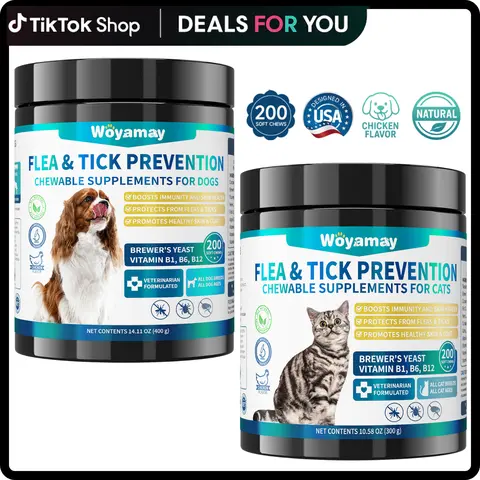 Woyamay Flea & Tick Chewable Supplements Combo Pack for Dogs & Cats - Natural Chicken Flavor, 400 Total Chews, 24 Months Shelf Life, Oil & Vitamin B, Daily Canine Wellness, Digestive Remedy, All Breeds, Skin Moisturizing, Shiny Coat Pet Supplies
