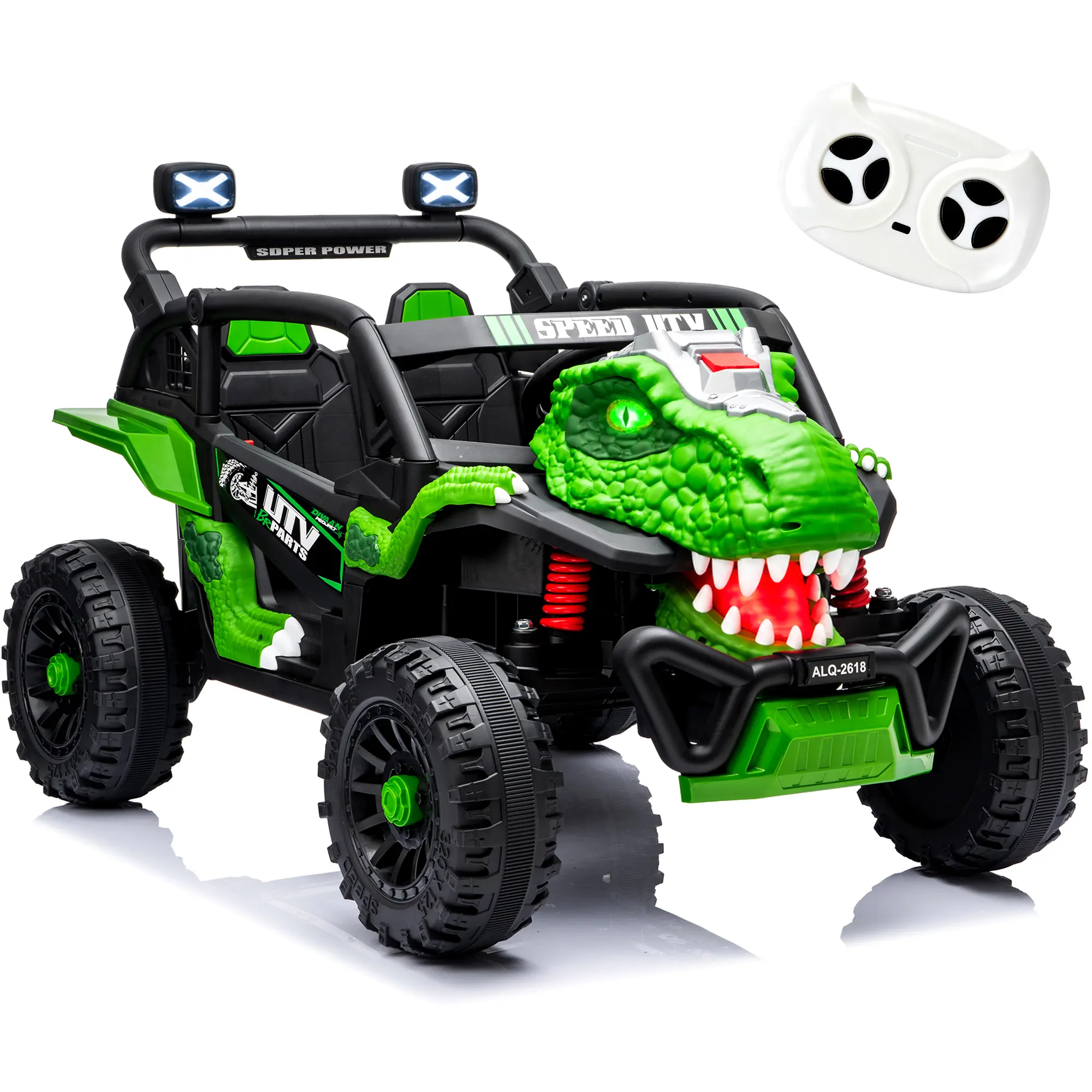 24V Two-Seater Kids Ride On XXL Electric Dinosaur UTV w/Parents Control,200W*2 Motors,20in Wide Seat, ,Sturdy Roll Cage,Roof LED Lights,Front Bumper,Bluetooth,Music For Kids 3-8. four-wheel suspension