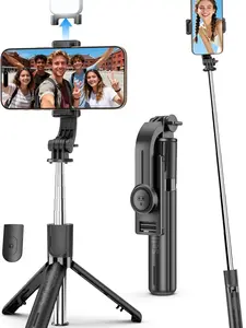 Mini Selfie Stick Travel Tripod for Cell Phone with Light, Extendable Selfie Stick for iPhone with Detachable Remote, iPhone Tripod for Video Recording, Photograph, Compatible with Cellphones