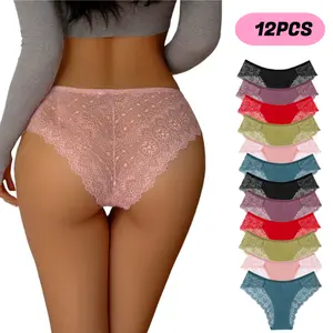 Z Women's Sexy Half-Covered Buttocks Lace Panties Silky Low-Waist Briefs 12PCS Comfortable Breathable Plus Size 6-12 Pieces Soft Lightweight Nylon Underwear